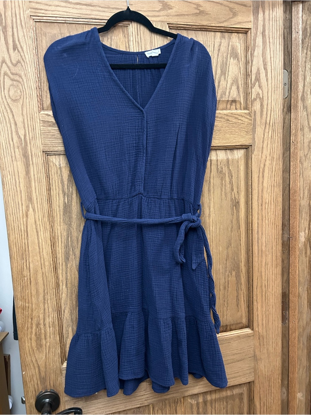 Navy Textured V-Neck Tie-Waist Dress